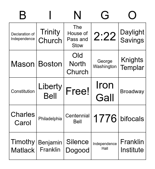 National Treasure Bingo Card