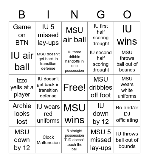 IU vs. MSU Bingo Card