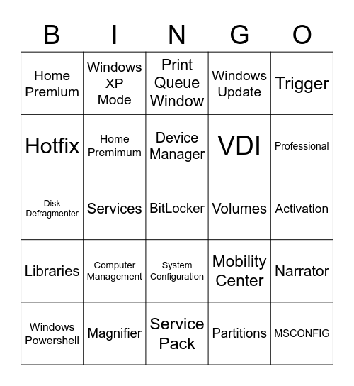 Windows OS Fundamentals Bingo Card