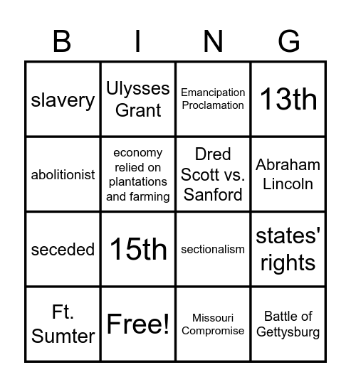 Civil War & Reconstruction Bingo Card