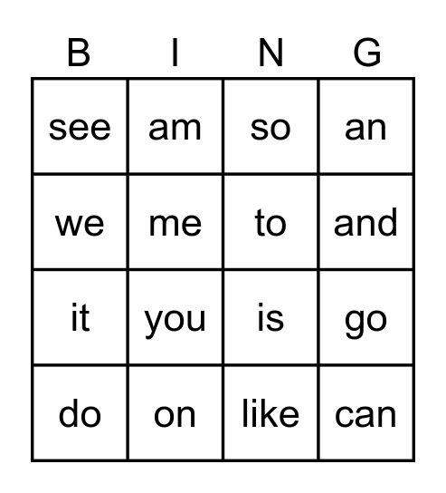 Word Wall Bingo Card