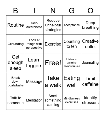 Anxiety Coping Strategies Bingo Card