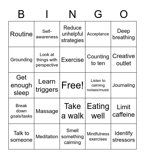 Anxiety Coping Strategies Bingo Card