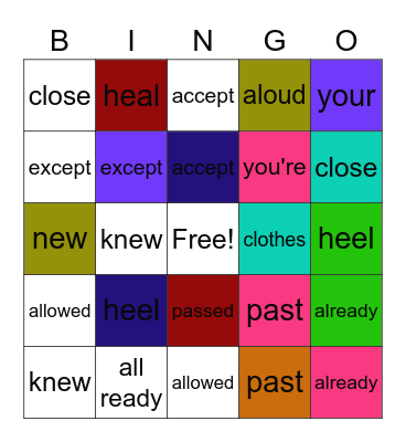 Commonly Confused Words Bingo Card