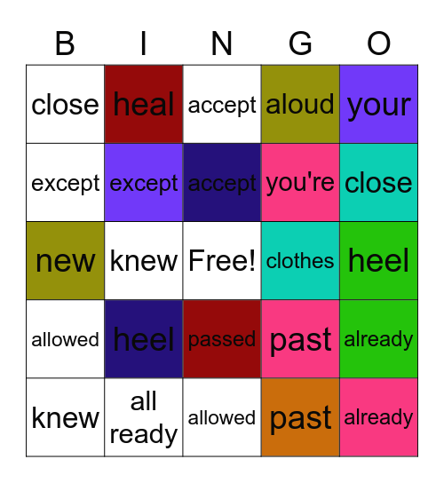 Commonly Confused Words Bingo Card