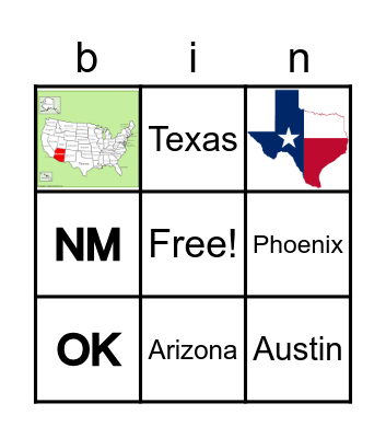 Southwest United States Bingo Card