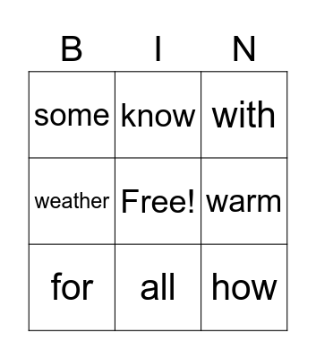 Sight Word List #1 Bingo Card