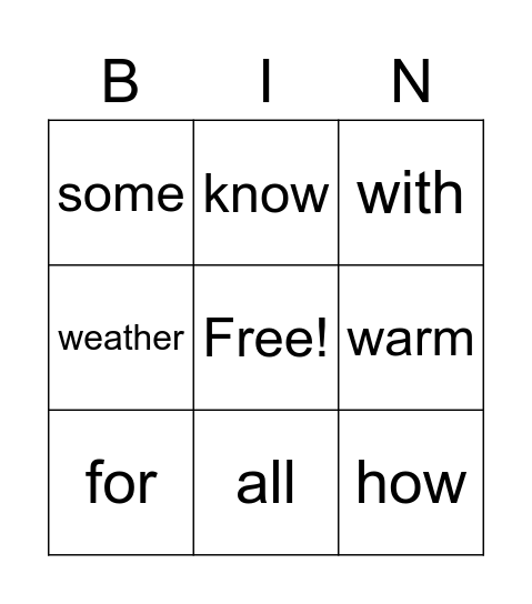 Sight Word List #1 Bingo Card