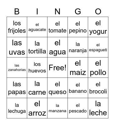 Lesson 1 (La Comida) Bingo Card