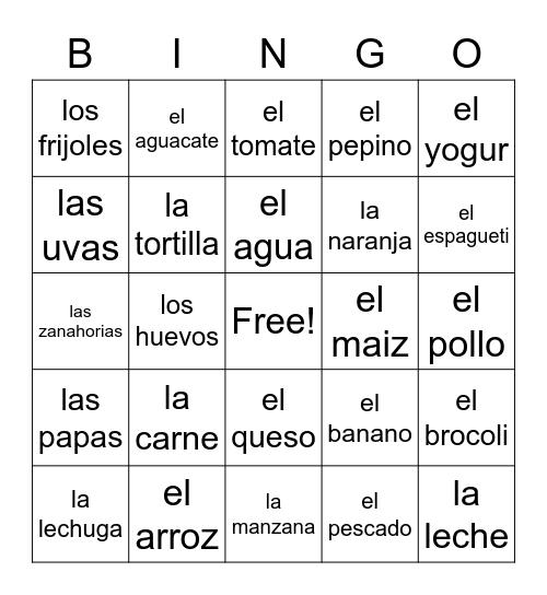 Lesson 1 (La Comida) Bingo Card