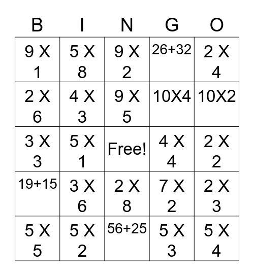 MATH BINGO Card