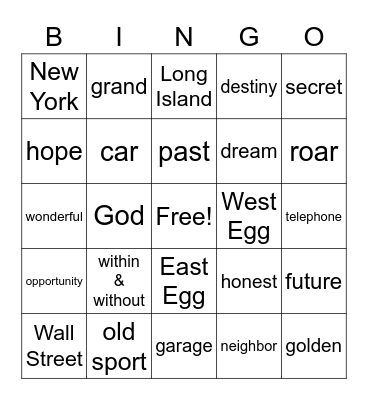 "The Great Gatsby" Bingo Card
