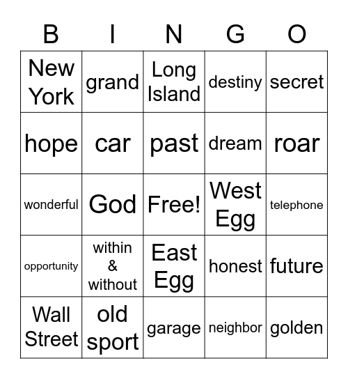 "The Great Gatsby" Bingo Card