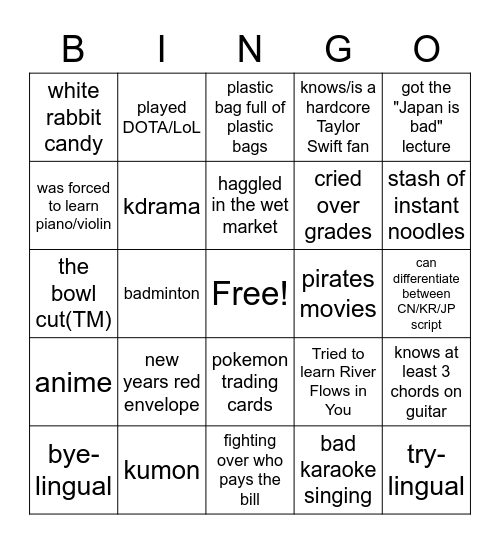 Asian Kid Bingo Card