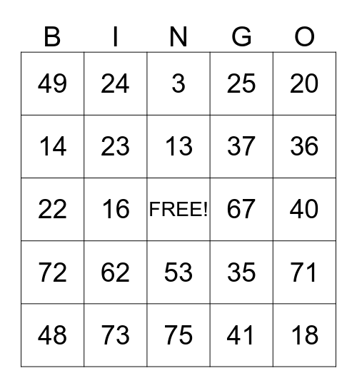 Number Bingo Card