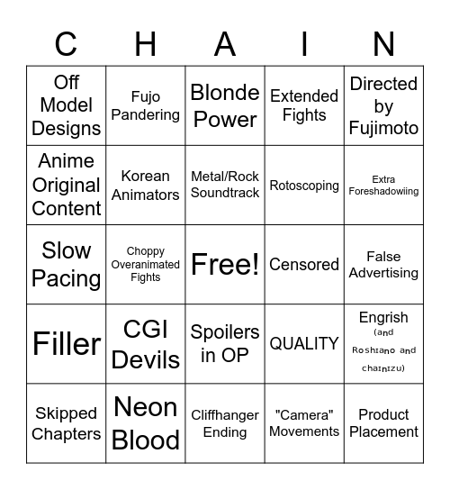 Chainsaw Man Anime Bingo Card