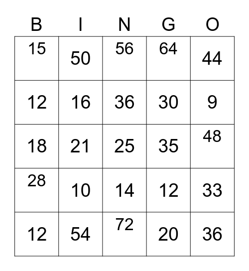 Multiplication thru 11 Bingo Card