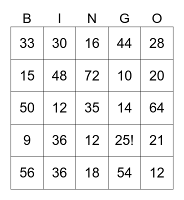Multiplication through 11's Bingo Card