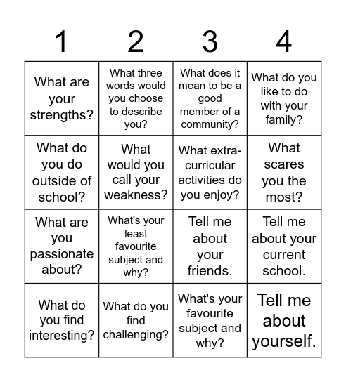 Secondary School_ Interview Type Questions Bingo Card