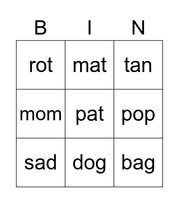 short a & o Bingo Card