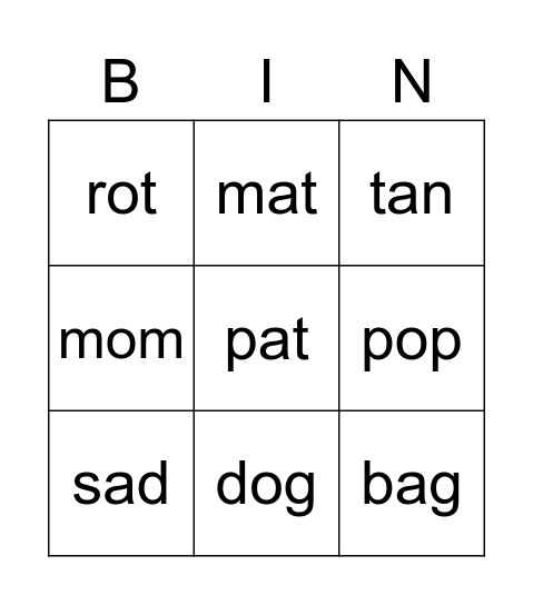 short a & o Bingo Card