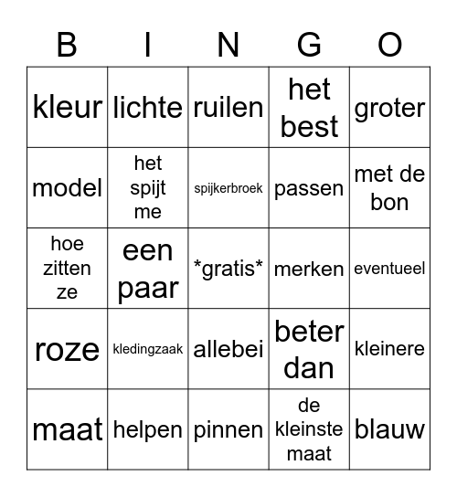 NIG H7 - In een kledingzaak Bingo Card