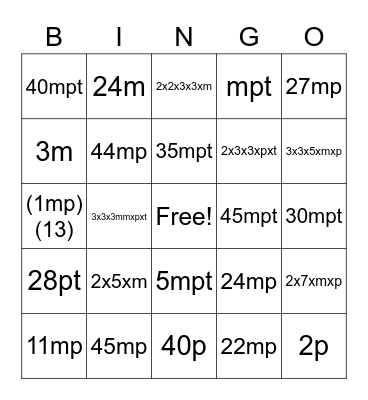Multiplication Expression Bingo Card