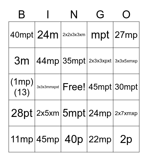 Multiplication Expression Bingo Card