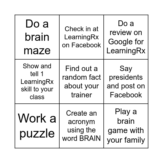 Brain Awareness Challenge Bingo Card