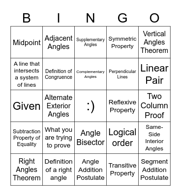 Geometry Proof Bingo Card