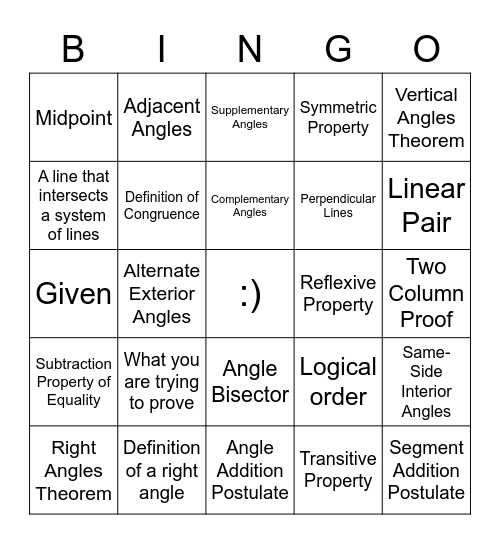 Geometry Proof Bingo Card