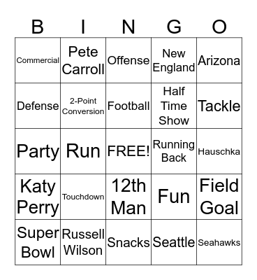 Super Bowl 2015 Bingo Card