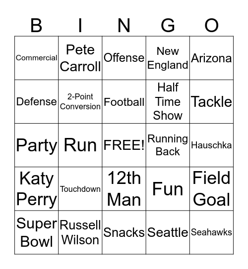 Super Bowl 2015 Bingo Card