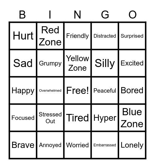 Zone Emotions BINGO Card
