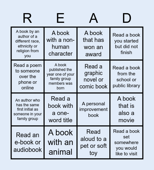 Somersfield's Family Read-A-Thon Bingo Card