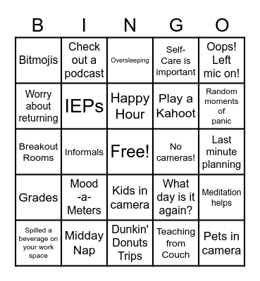 Remote Teaching Bingo Card