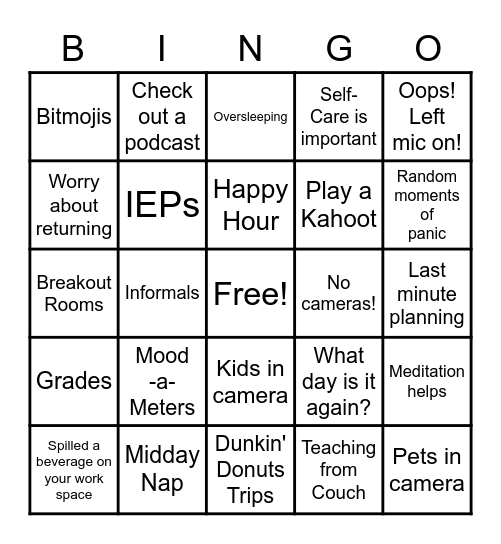 Remote Teaching Bingo Card
