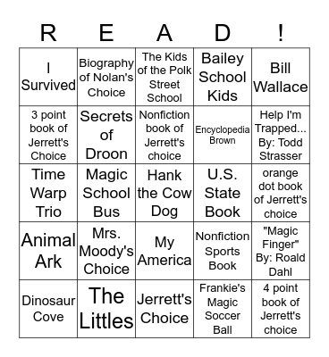 Jerrett's Reading BINGO Card