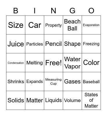 States of Matter Bingo Card