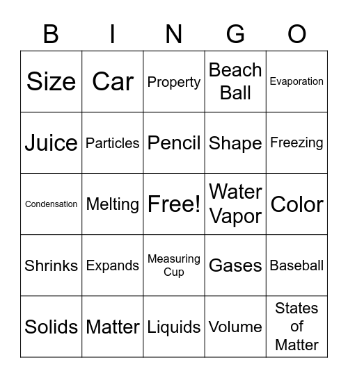 States of Matter Bingo Card