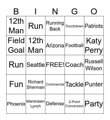 Super Bowl 2015 Bingo Card