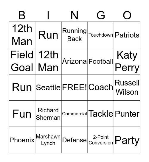Super Bowl 2015 Bingo Card
