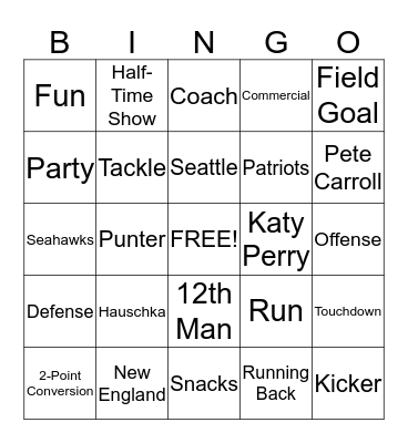 Super Bowl 2015 Bingo Card