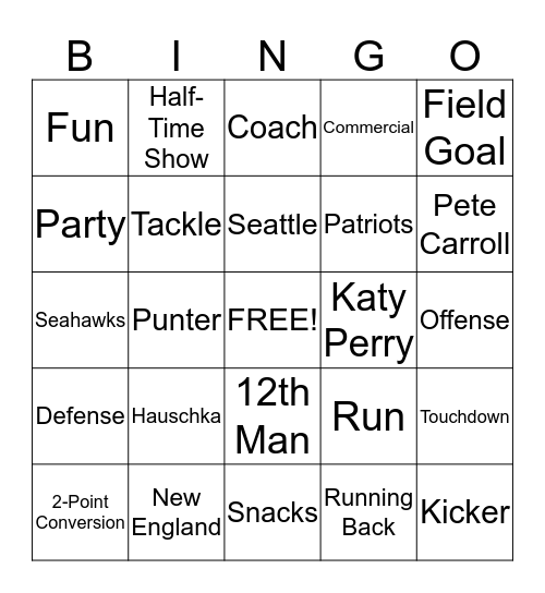 Super Bowl 2015 Bingo Card