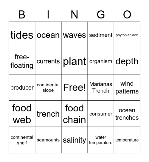 5th Grade Oceanography Bingo Card