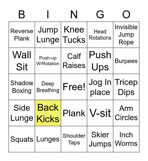 Fitness Bingo Fun Bingo Card