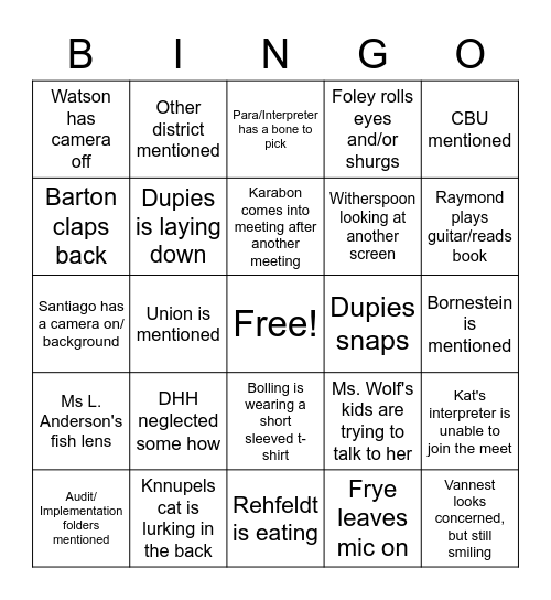 SPED Meeting Bingo! Bingo Card
