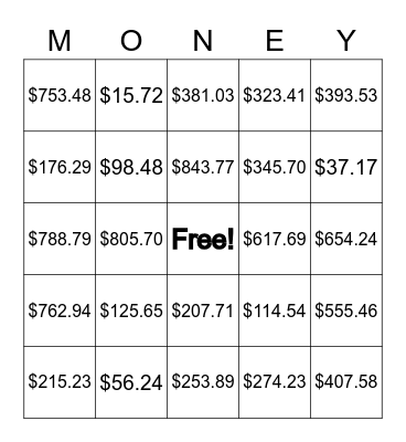 Money Value Bingo Card