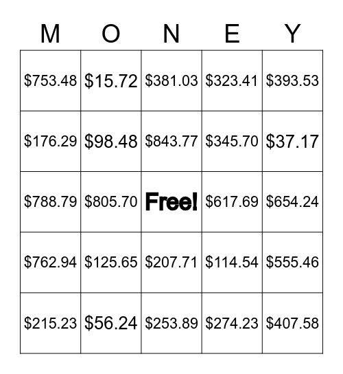 Money Value Bingo Card