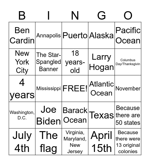 February 1, 2015 Bingo Card
